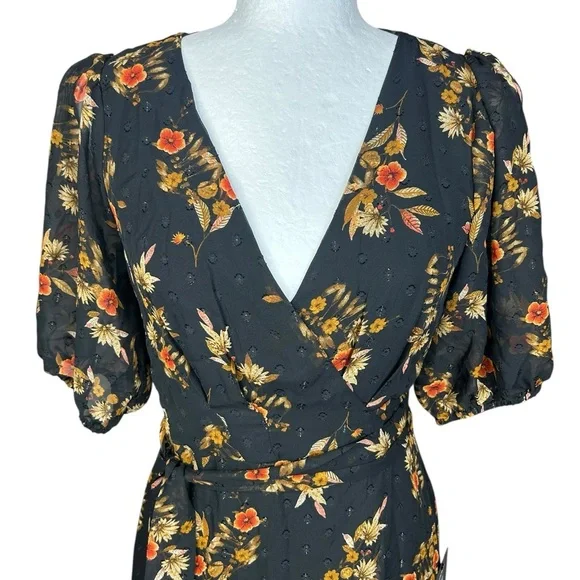 NEW Lulus Black Floral Wrap Dress S Autumnal Coquette Feminine Flirty Romantic - Picture 8 of 15